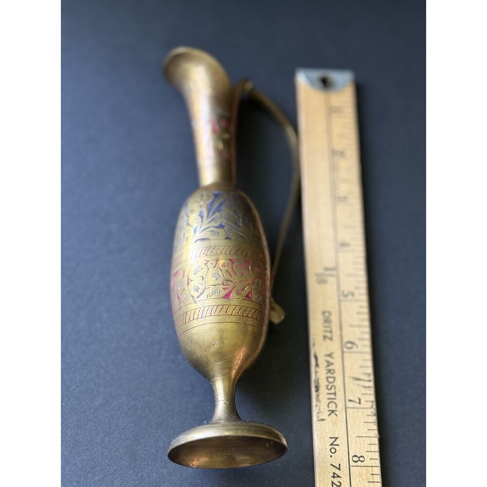 Vintage Etched Brass Pitcher Vase Vessel Engraved Handle Floral Boho Handcrafted - Picture 7 of 7